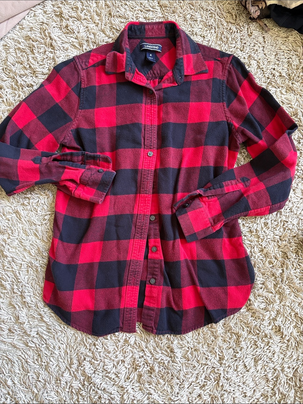 Lands' End Red and Black Buffalo Plaid Flannel Shirt